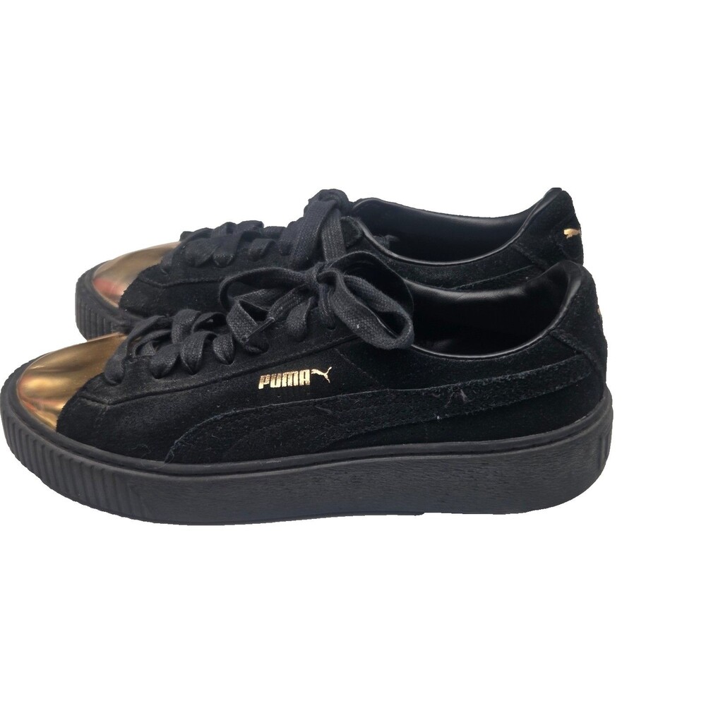 Puma Black and Gold Suede Lace Up Platform Sneakers Womens Size 8.5